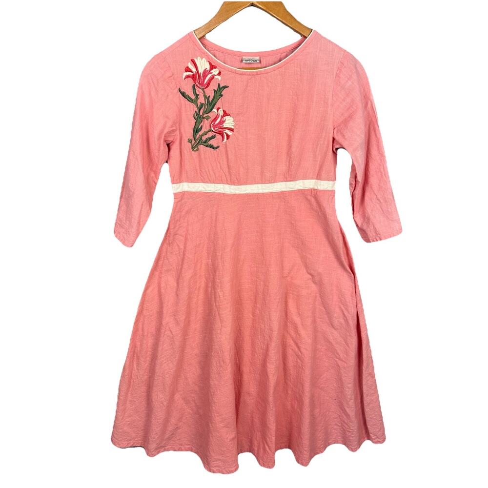 Vtg Linen Women’s Dress Pink Floral Embroidered‎ Cottagecore S Feminine Retro